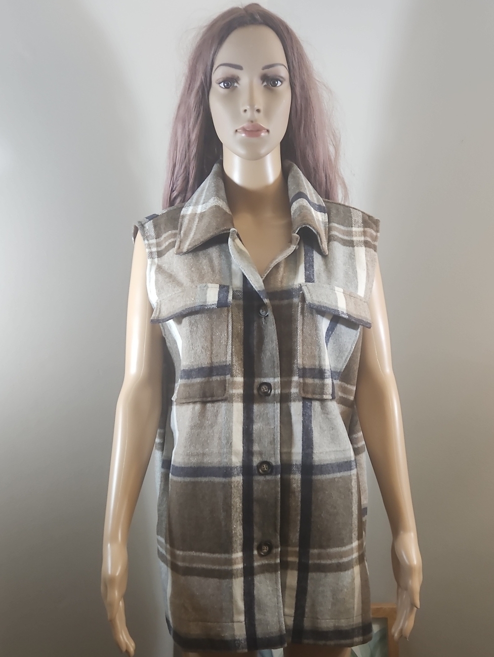 KAFFe Plaid Sleeveless Button Front Vest Wool Blend Brown & Cream Long Line